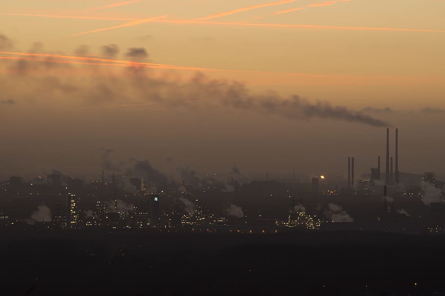 silhouette, buildings, factories, sunset, pollution, industrial plant, steel mill, blast furnace, hut, ruhr area
