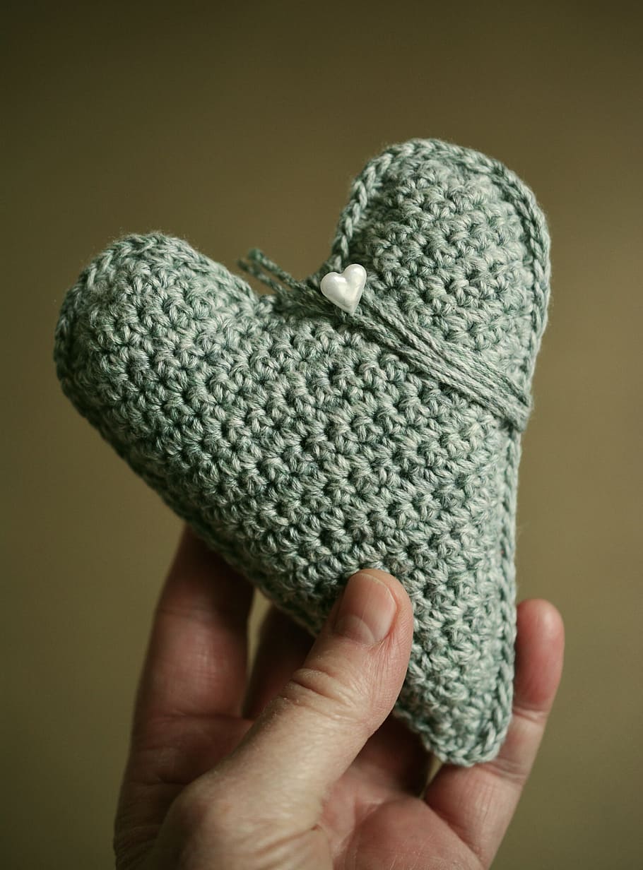 person, holding, gray, heart, knit, decor, hand labor, crochet, wool, give