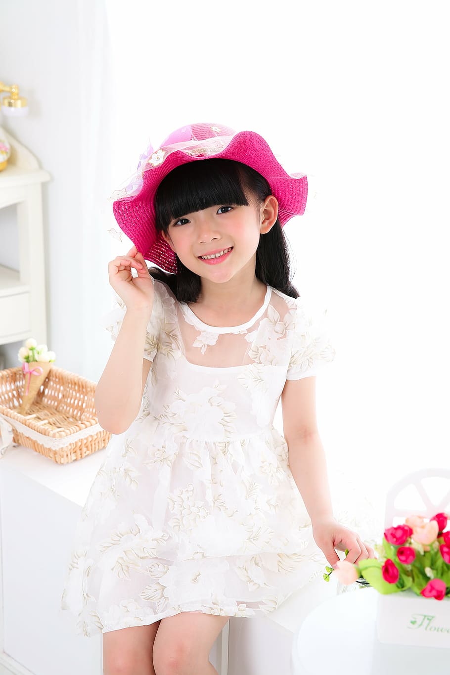 child, girls, portrait, white dress, hat, bid, asia, smiling, cheerful, cute