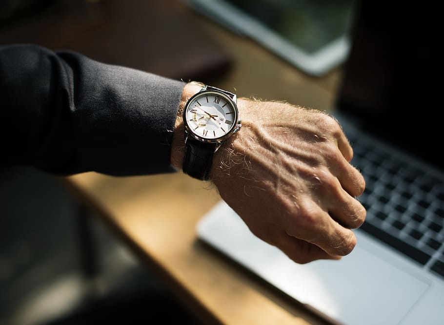 person, wearing, black, white, analog, watch, black and white, analog watch, break, business