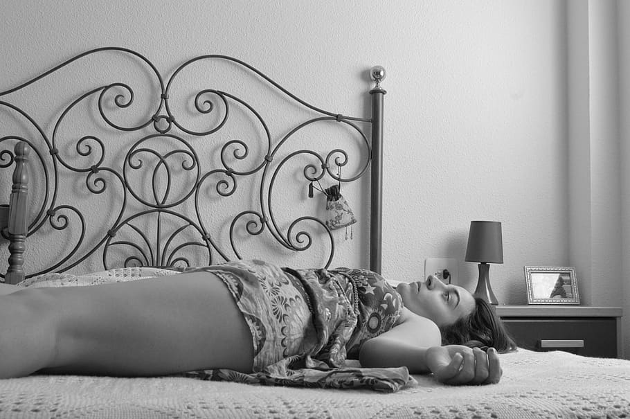 composition, women, lying down, bed, tired, lines, young, summer, black and white, depression