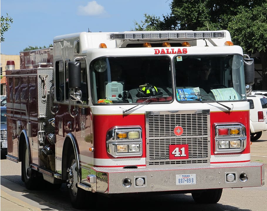 white, red, dallas firetruck, pavement, daytime, fire engine, dallas, texas, emergency, fireman