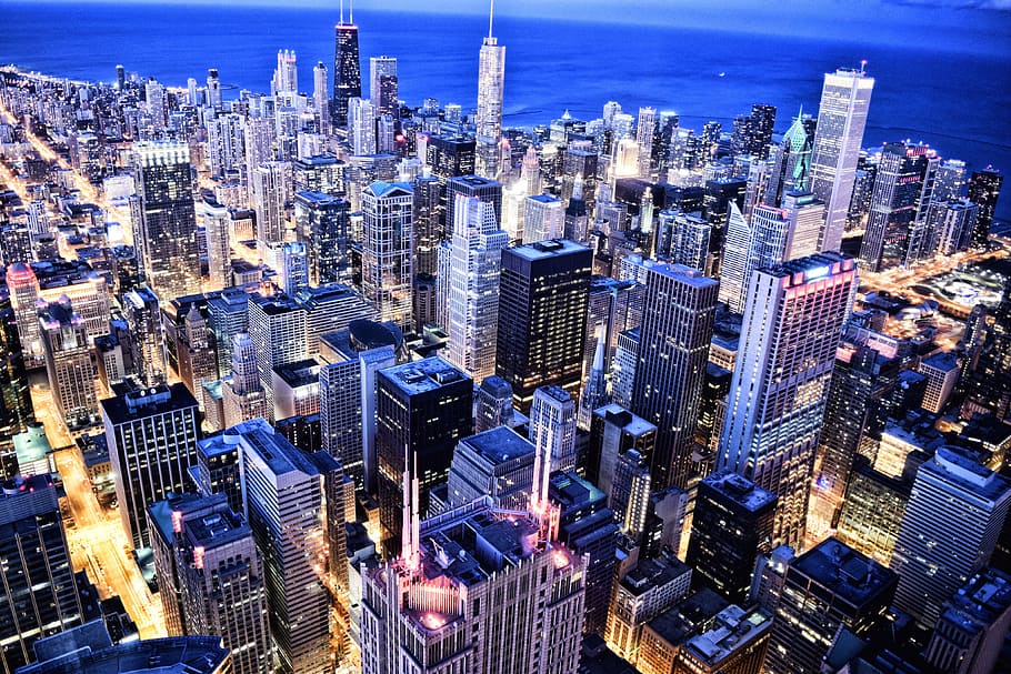 cidade, chicago, Tiro noturno, cidade de Chicago, urbano, negócios, noite, paisagem urbana, Horizonte urbano, arranha céu