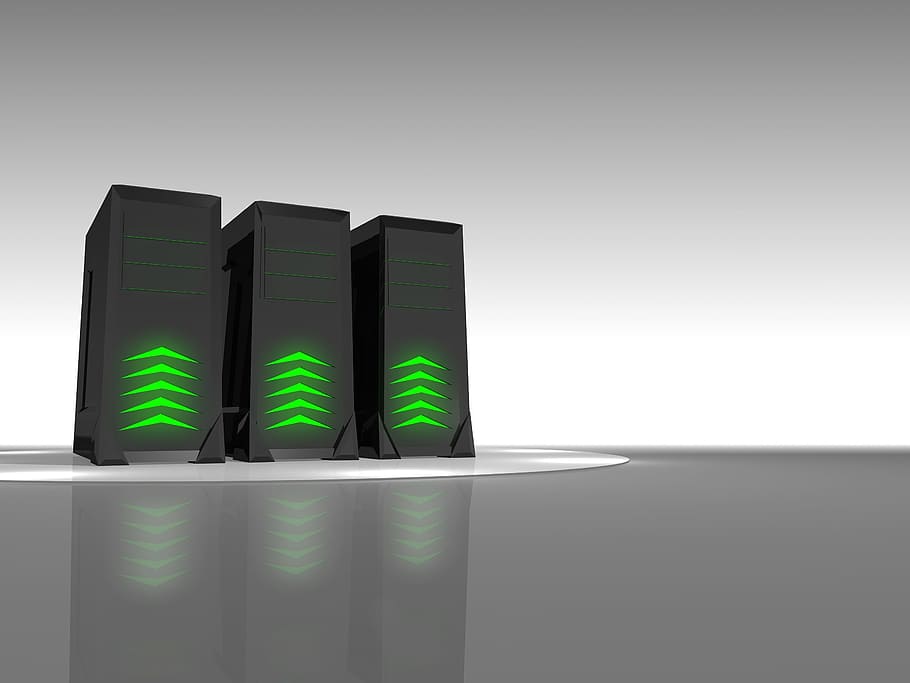 three, black, led, computer towers, server, technology, web, data, internet, network