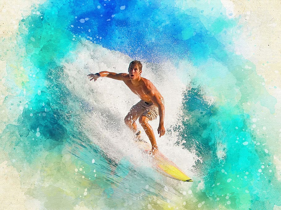 man, brown, short, yellow, surfboard painting, surfing, extreme, ocean, speed, sea