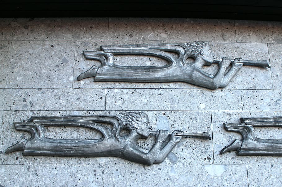 relief, symbol, angel, trombone, flying, fly, resurrection, metal, architecture, wall - building feature