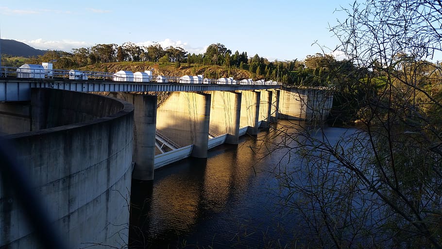 floodgates, dam wall, water, burrendong dam, nsw australia, lake, tree, plant, built structure, architecture