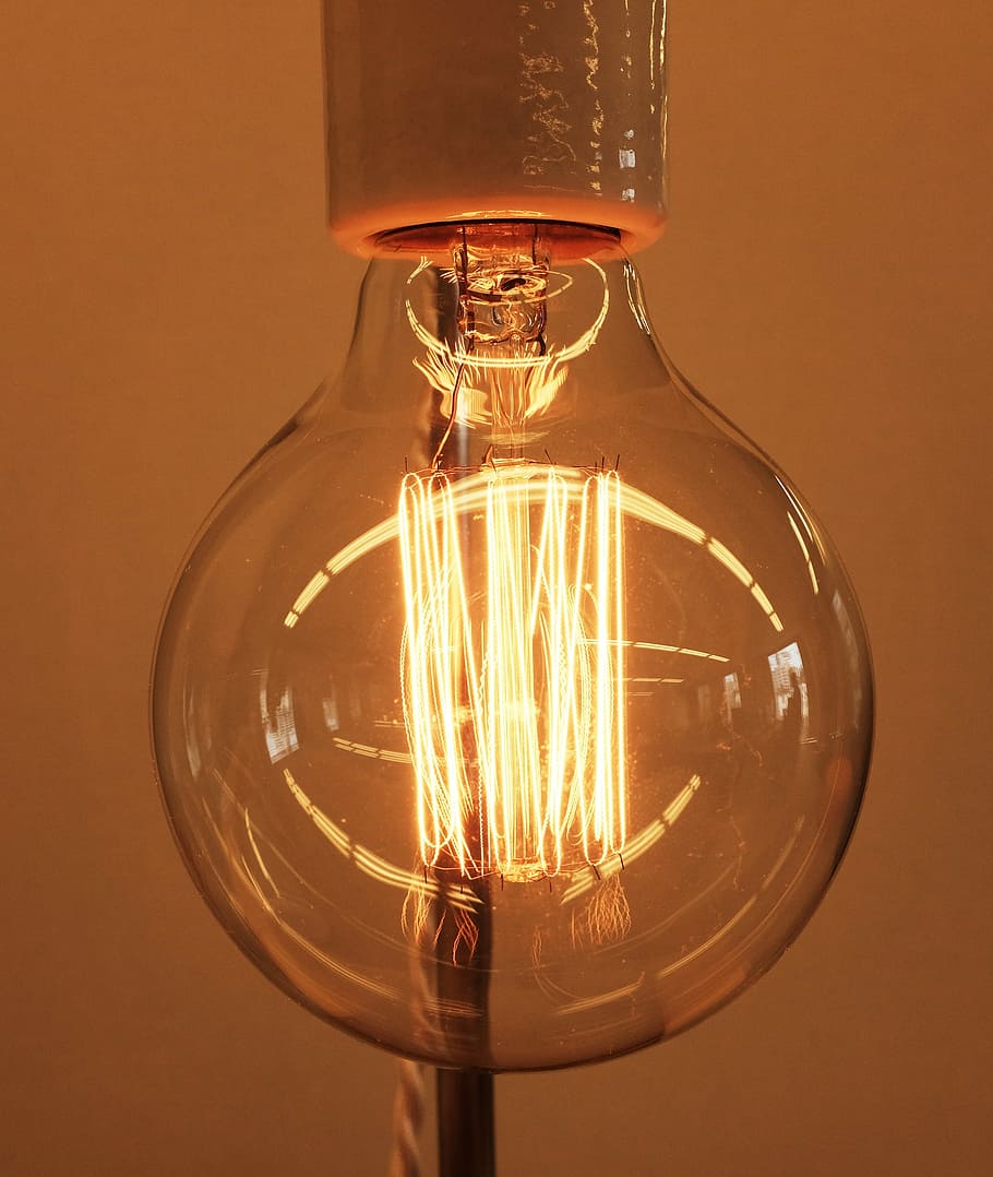 turned-on light bulb, close, photography, clear, glass, bulb, light, fixture, lamp, wire