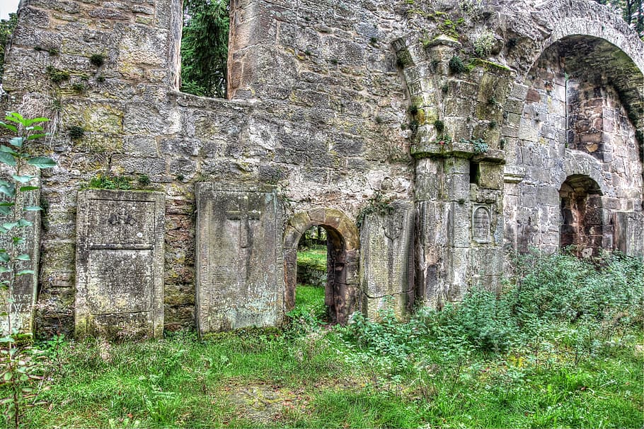 gris, ruinas, rodeado, verde, hojeado, plantas, monasterio, antiguo, misticismo, históricamente