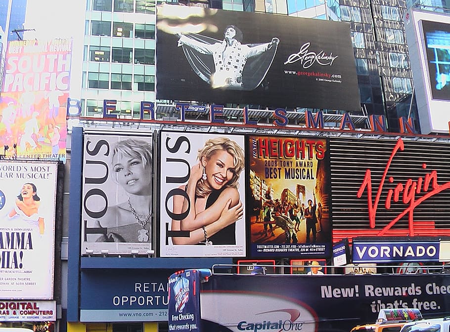 billboards, building, daytime, Usa, New York City, Nyc, Broadway, time square, portrait, looking at camera