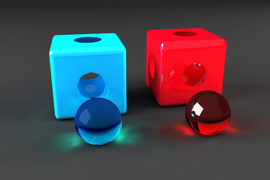 cube, caustic balls, show, game, box, given, red, blue, three dimensional, cut out