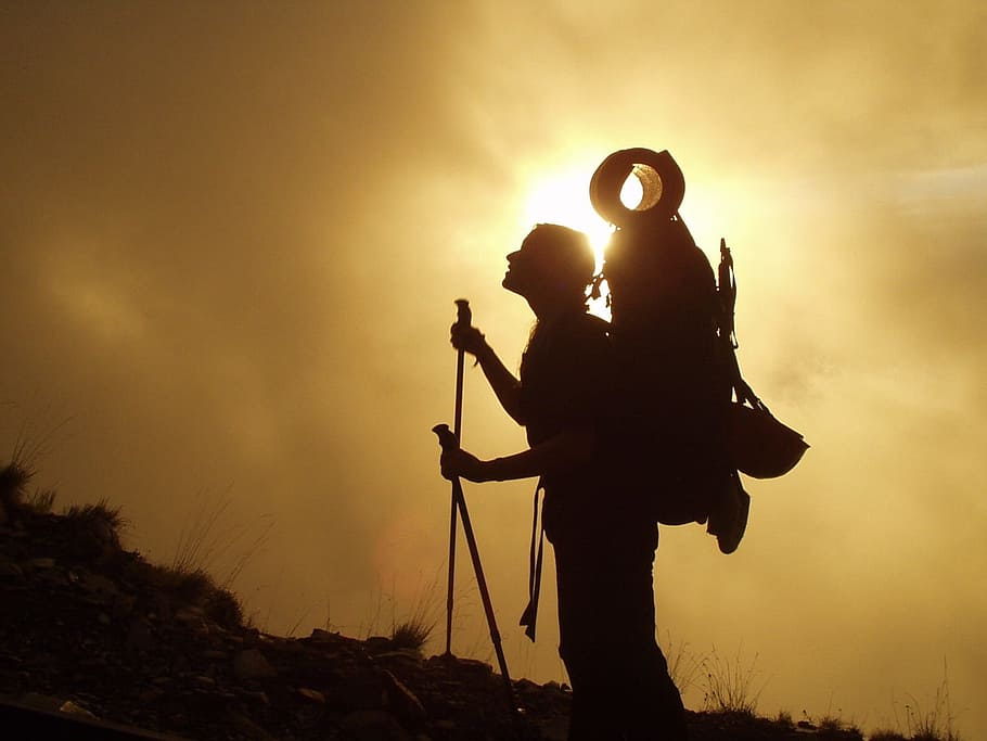 silhouette, person, golden, hour photography, trekking, hiking, mountaineering, backpack travel, travel, high touring
