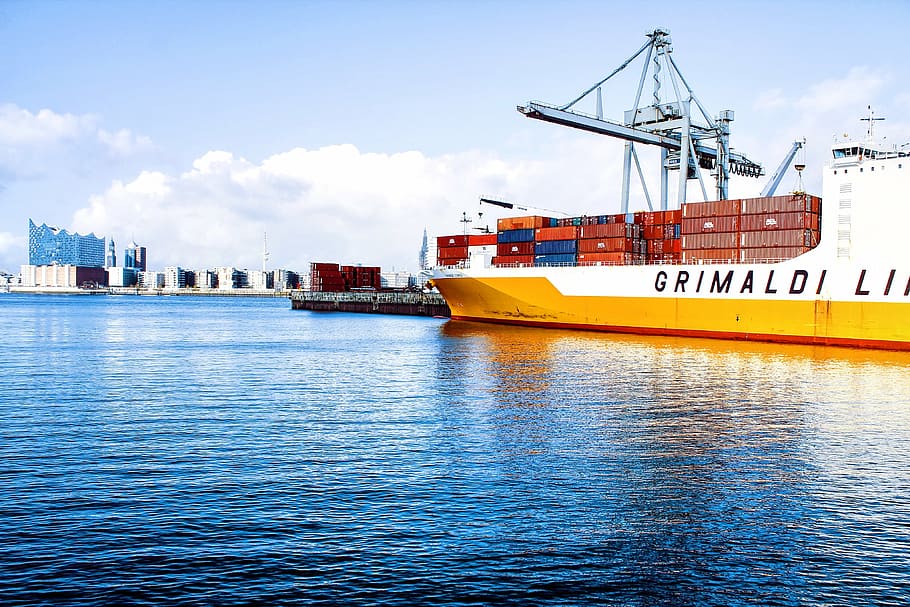 yellow, white, cargo ship, body, water, daytime, shipping containers, wharf, wharves, harbours