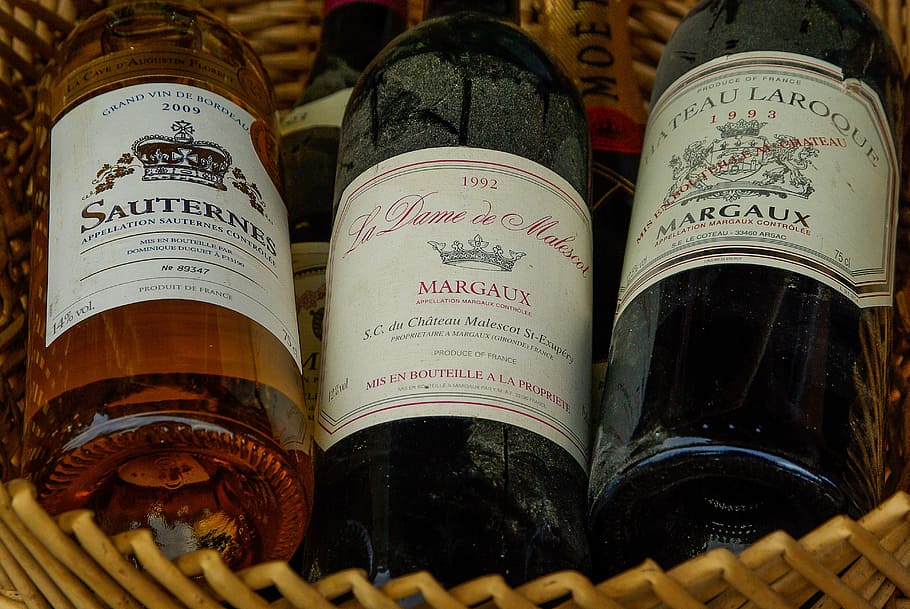 three, assorted, labeled, bottles, brown, basket, france, bordeaux, sauternes, margaux