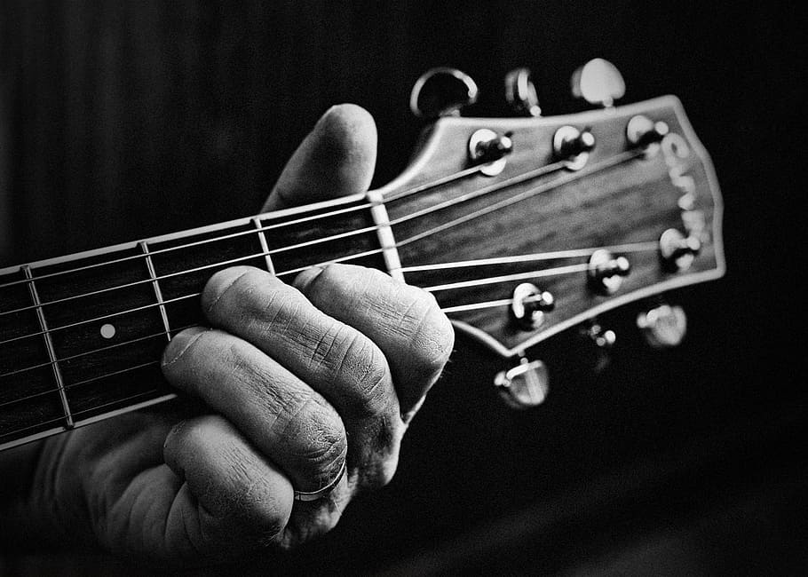 grayscale photo, person, holding, guitar, guitar playing, guitar player, guitarist, acoustic, musician, instrument