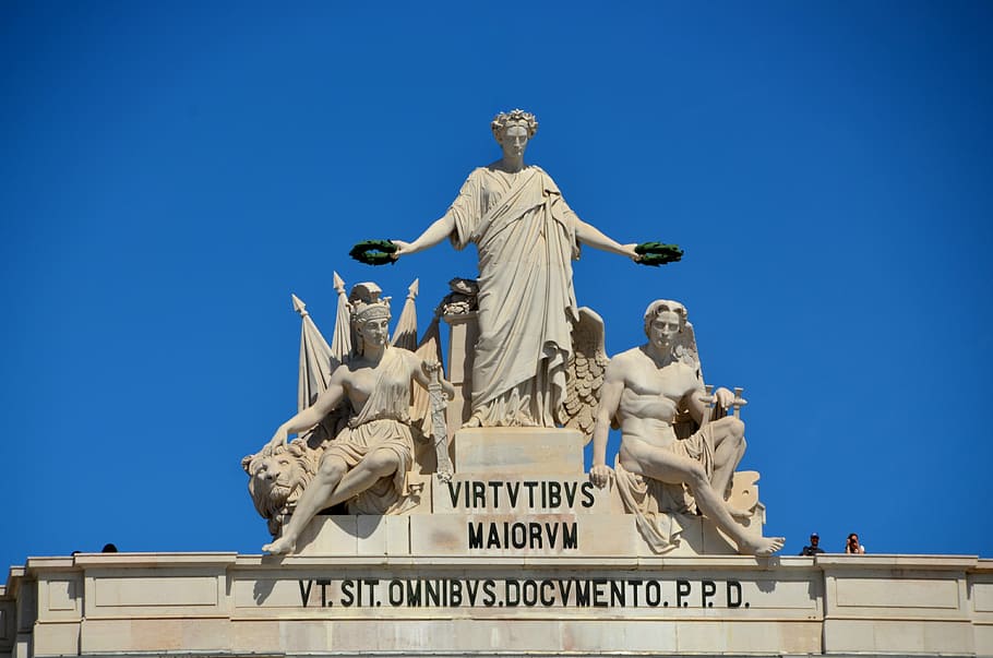 virtvtibvs maiorm statue, monument, lisbon, portugal, lisboa, sky, places of interest, statue, summer, landmark