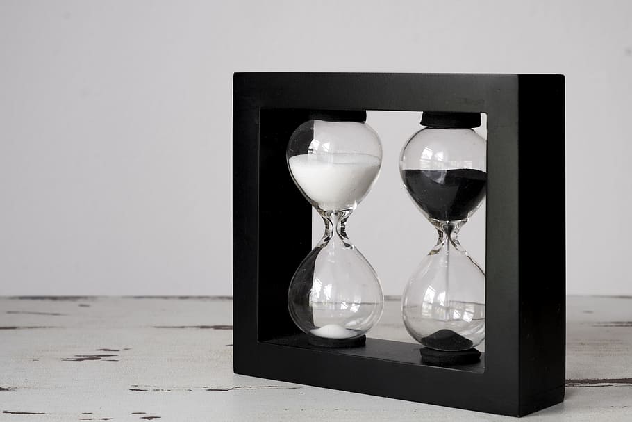 black framed hourglasses, clock, hourglass, kuechenuhr, time, amount of time, sand, egg timer, timepiece, transient