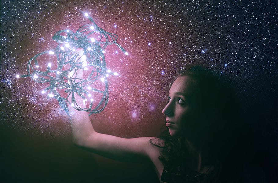 woman, holding, string lights, stars, space, light, shiny, bright, astronomy, shining