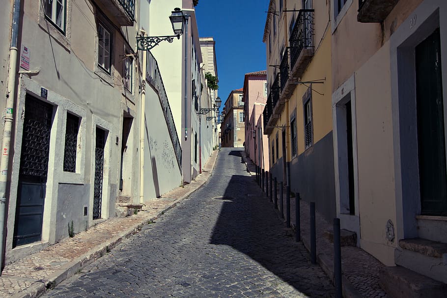 wide-angle shot, quiet, side street, portugal., captured, canon dslr, Wide-angle, shot, Lisbon, Portugal