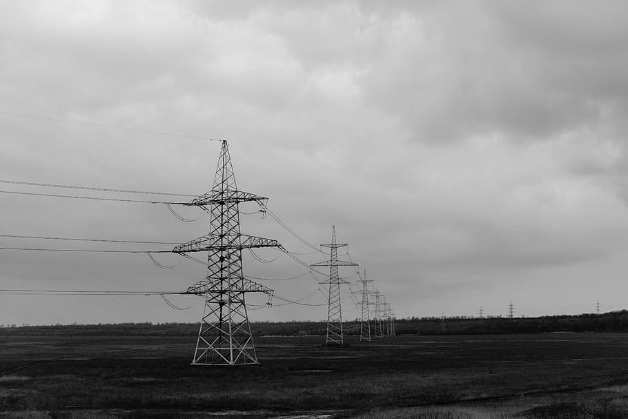 power lines, hydro, electrical, fields, grass, clouds, cloudy, grey, black and white, technology