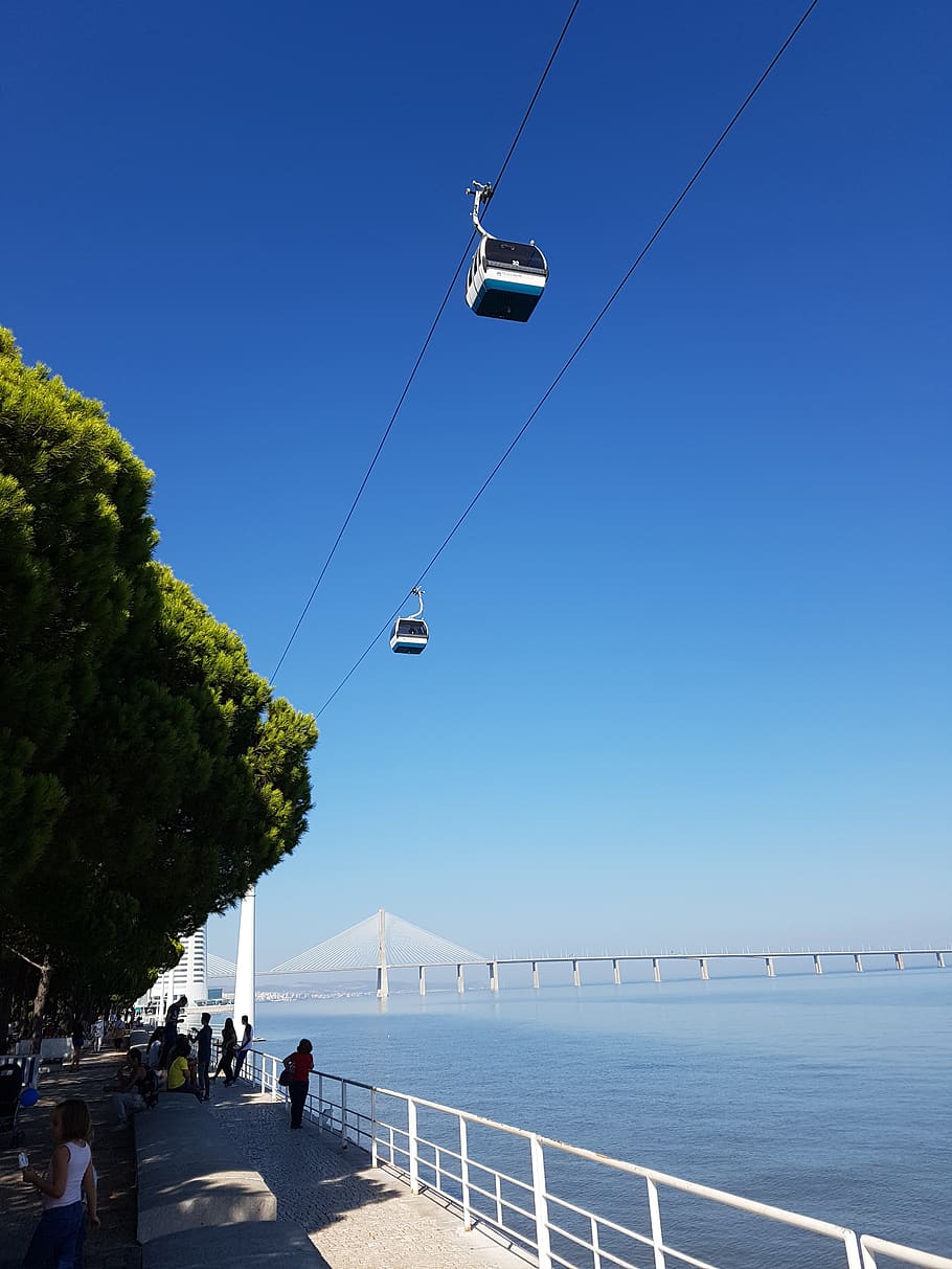 fiera lisbon, conference centre, events, cable car, sky, water, sea, clear sky, nature, transportation