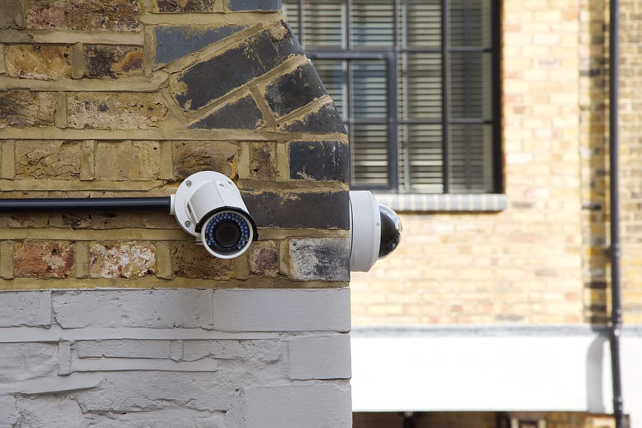 two, white, security cameras, cctv, cameras, security, surveillance, protection, safety, equipment