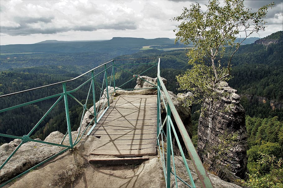 vista, puente, barandilla, pasarela, suiza checa, hřensko, valle, rocas de arenisca, república checa, naturaleza