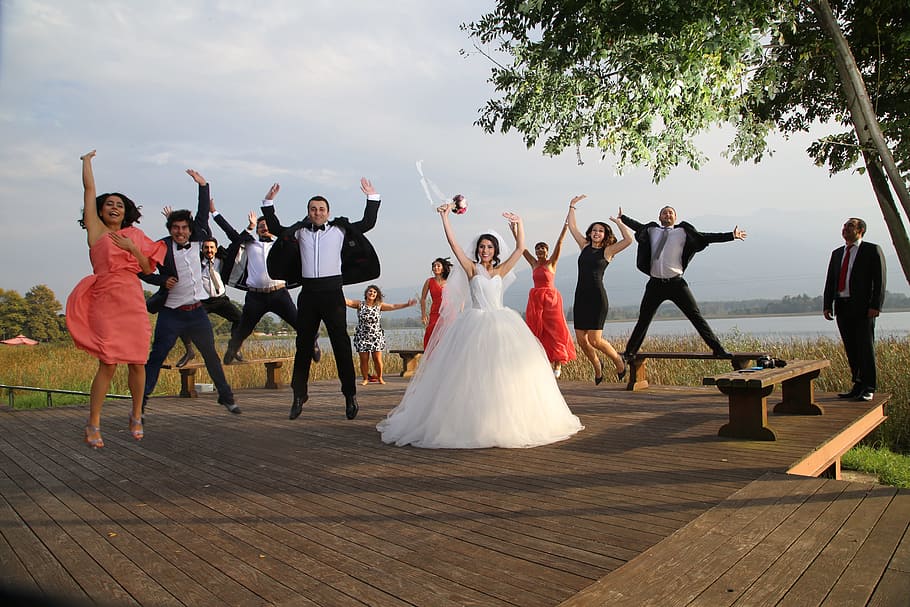 ground, people, jumping, bride and groom, wedding celebration, wedding photography, wedding, women, bride, newlywed