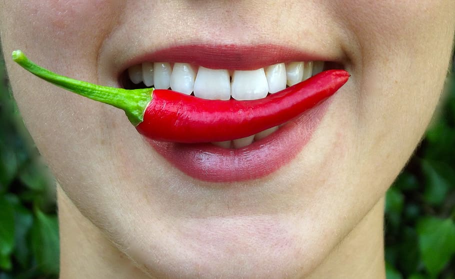 person, biting, red, chili, chilli, bite, hot, lips, mouth, eat