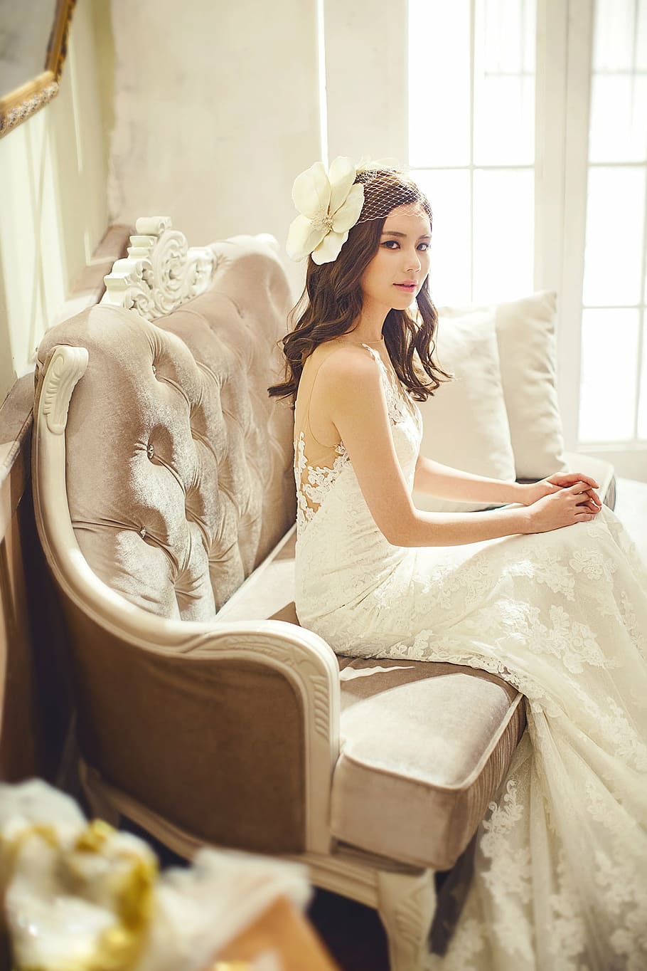 woman, wearing, white, floral, night gown, sitting, sofa, wedding dresses, fashion, character