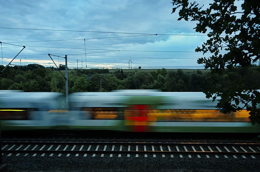 train, fast, blurred, movement, landscape, express, city express, slow train, rail, sky