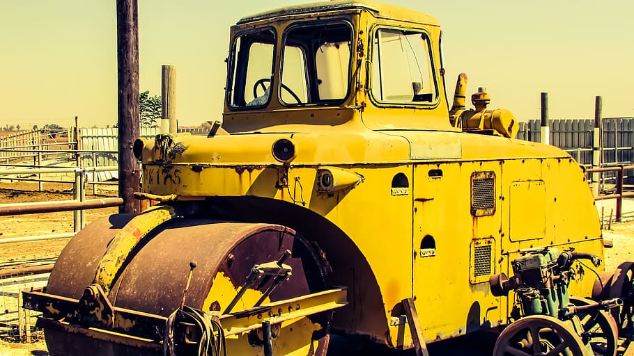 Compactor, Abandoned, Machinery, rusty, old, aged, weathered, yellow, transportation, mode of transport