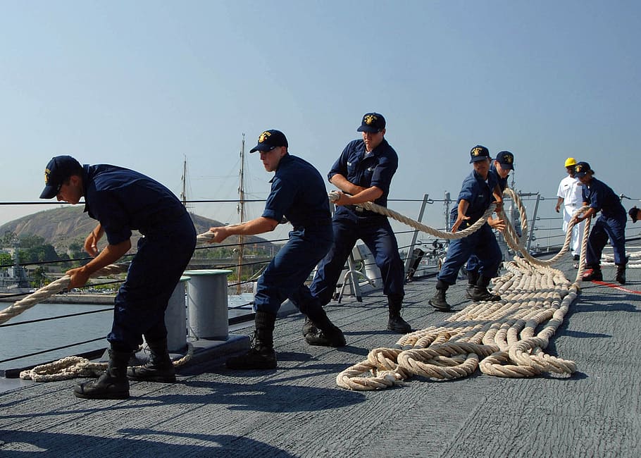 group, men, pulling, rope, ship deck, sailors, crew, ship, navy, seaman