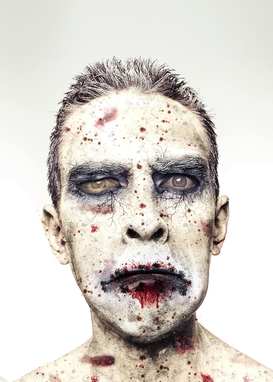 man, face paint portrait, face, wounds, male, head, halloween, zombie, celebrate, human
