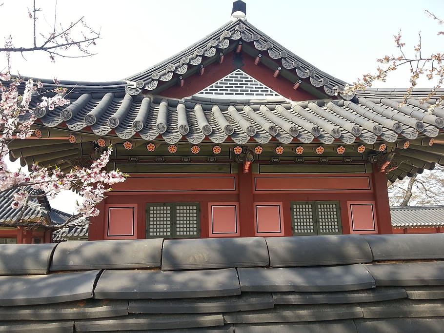 red temple, republic of korea, hanok, traditional building, built structure, architecture, building exterior, building, roof, place of worship