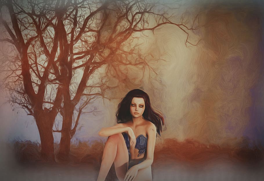 mujer, sentado, al lado, pintura de árbol sin hojas, fantasía, niña, árboles, creativa, pintura, surrealista