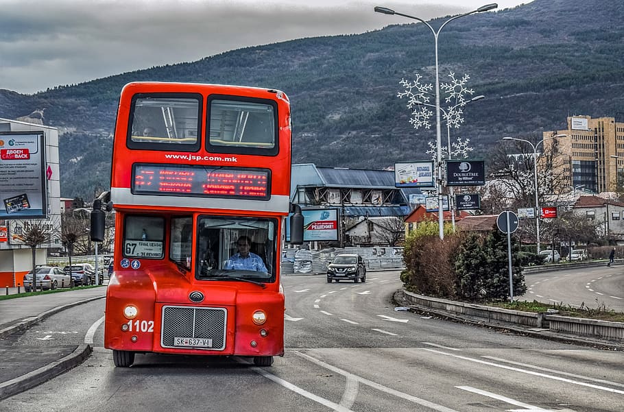 red bus, street, city, road, traffic, urban, travel, transportation, skopje, north macedonia