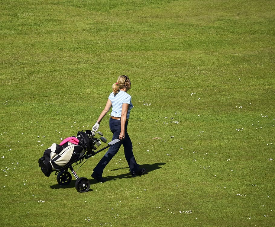 woman, walking, holding, golf trolley, set, grass field, daytime, Golf, Sport, Club, Ball