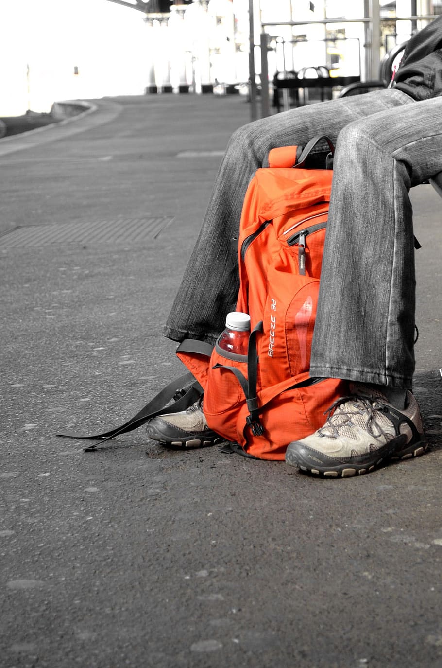 selective-color photography, orange, backpack, person, leg, sitting, Shoes, People, Travel, Rucksack