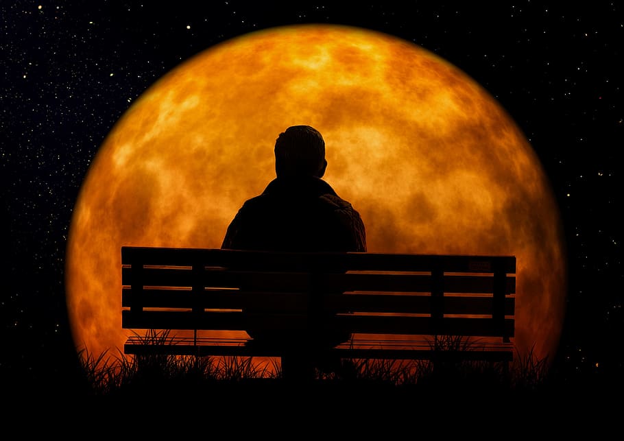 man, sitting, bench, facing, moon, age, person, bank, sit, viewing