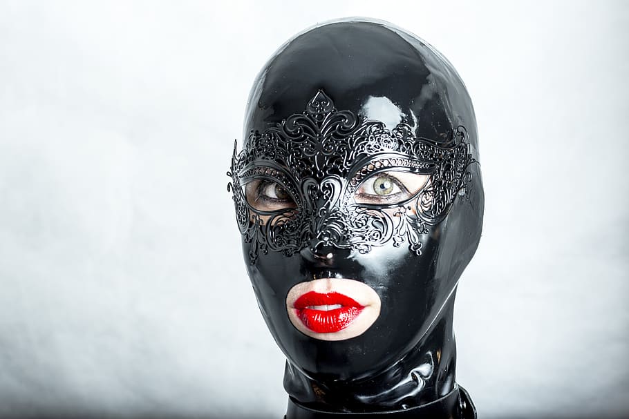 mask, hidden, black, latex, girl, woman, fashion, portrait, lips, glamour