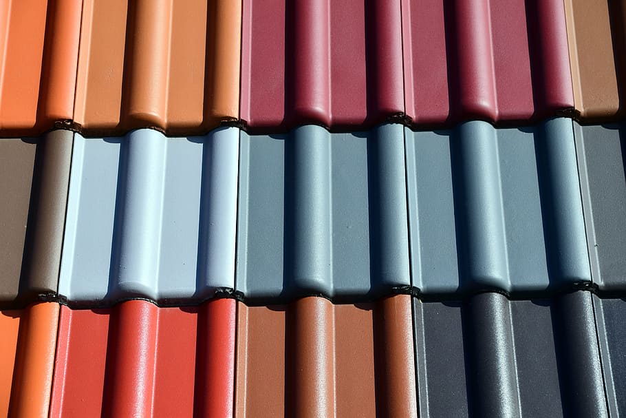 tejas de colores surtidos, tejas, ladrillos, colores, fondo, cierre, rojo, azul, naranja, marrón