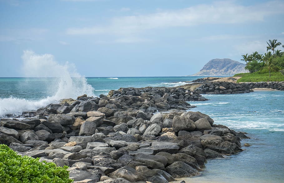 foto, formações rochosas, corpo, água, Havaí, Oahu, ondas, Ko Olina, lagoa, rochas