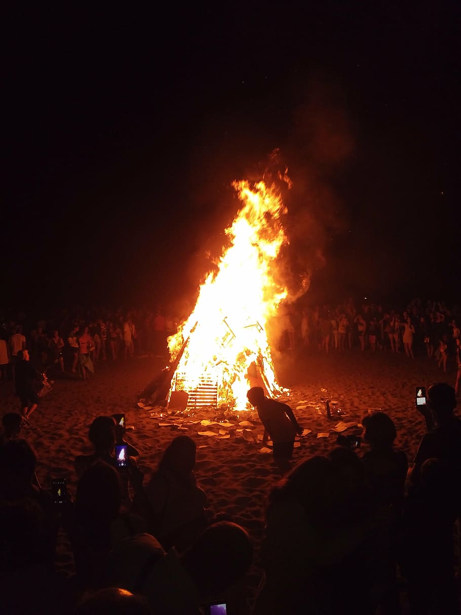 bonfire, surrounded, people, night time, san juans night, fire, flames, heat, burn, campfire