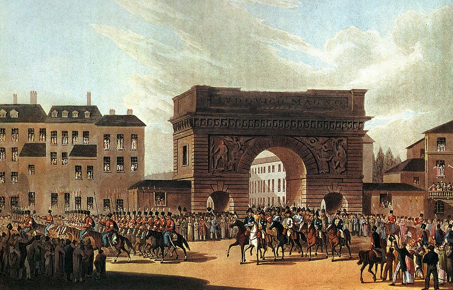 enters, 1814, Russian army, Paris, Napoleonic wars, art, buildings, painting, public domain, people