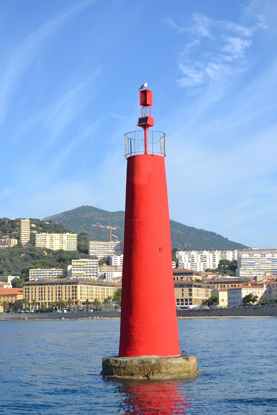 red, buoy, ajaccio, sea, seagull, built structure, building exterior, architecture, water, sky