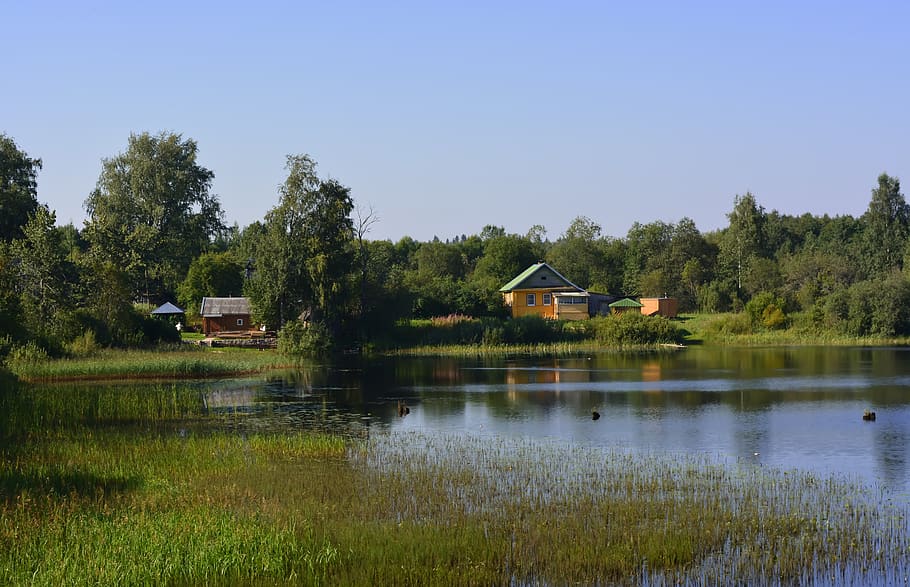 lake, karaboga, ustreka, landscape, village, nature, sky, russia, plant, tree