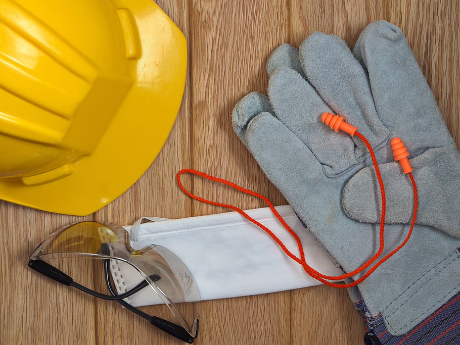 construction, tools, top, flat lay, gloves, hardhat, glasses, safety, mask, background