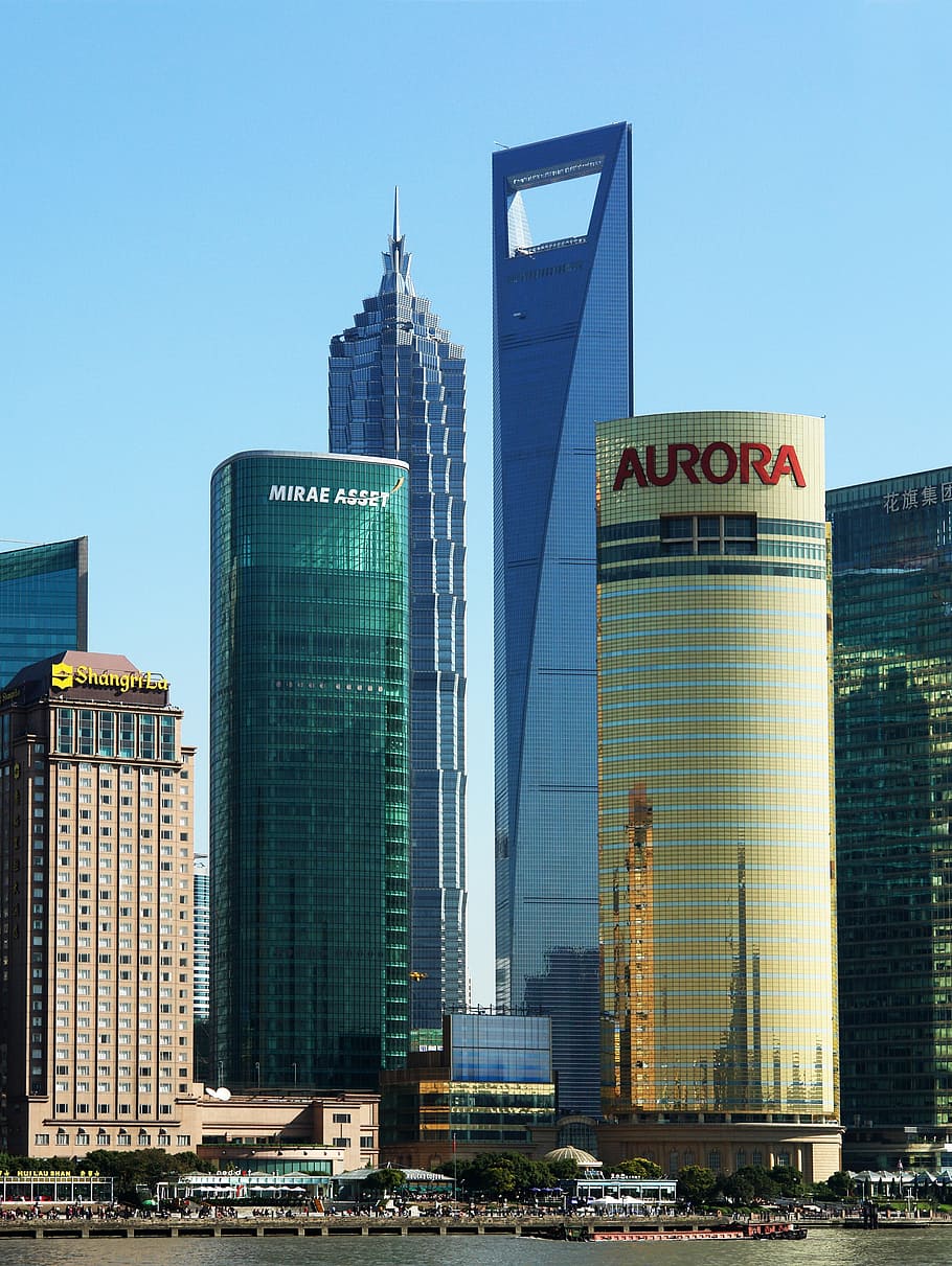 gold aurora building, body, water, shanghai, skyline, building, china, architecture, skyscrapers, skyscraper