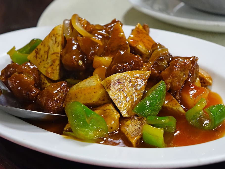 sweet and sour, pork, stir-fired, yam, meal, fried, asian, restaurant, chinese, tasty